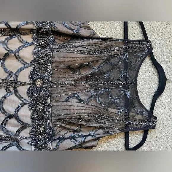 SUE WONG Black & nude beaded, sequin ostrich feather dress - Picture 6 of 9